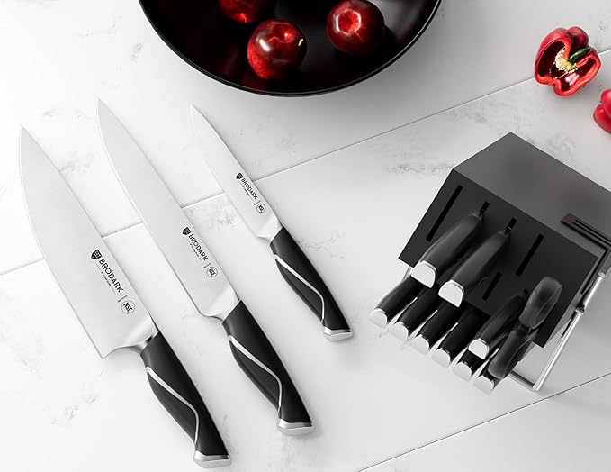 BRODARK Kitchen Knife Set with Block and Sharpener, 15 Pcs Sharp Knives Set for Kitchen, Christmas, Stainless Steel Full Tang Knife Block Set, Ergonomic Handle Professional Chef Kitchen Knives Sets