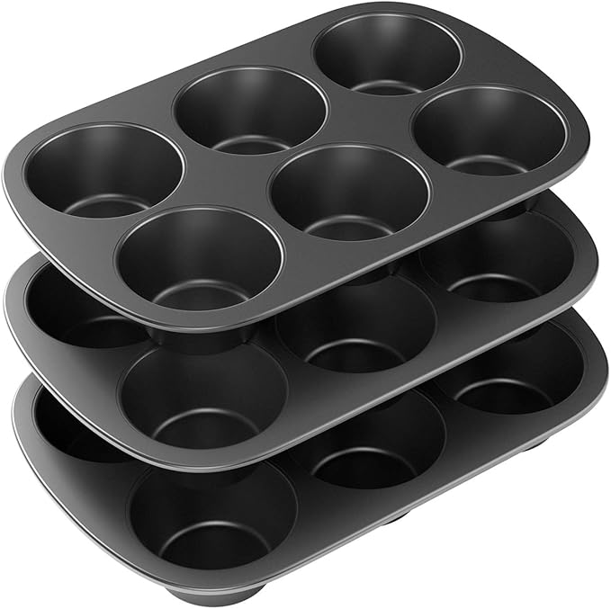 Tiawudi 3 Pack Nonstick Muffin Pan, Carbon Steel Cupcake Pan, Easy to Clean and Perfect for Making Muffins or Cupcakes, 6 Cup Jumbo