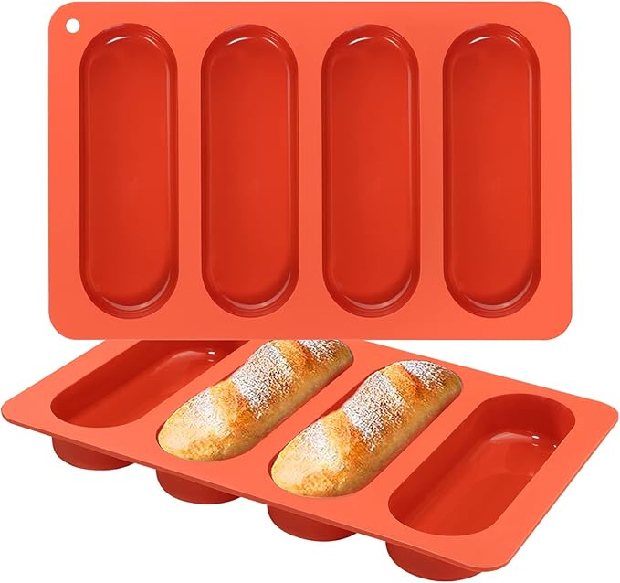 Webake 6 Inch Hot Dog Bun Pan, 2 Pack SIlicone Hotdog Bun Molds Nonstick Bread Forms, Mini Baguette Sandwich Baking Tray for Hot Dog Bun Rolls Cake and Eclair