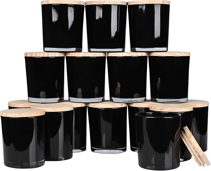 Thick Candle Jars for Making Candles 16 Pcs, 7 OZ Empty Jars with Wood Lids for Candle Making, Sample Container, Black