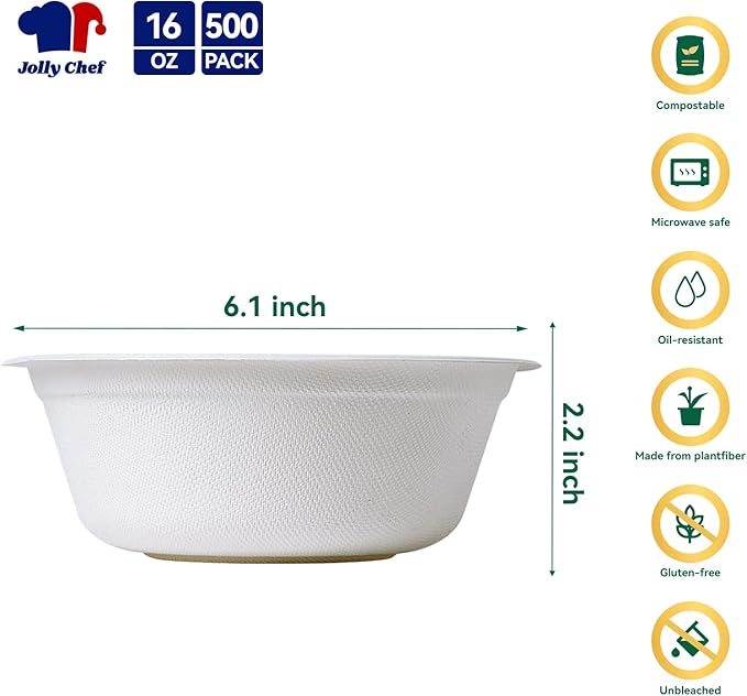 JOLLY CHEF Compostable Disposable Paper Bowl [16 oz] Heavy Duty Soup Containers [500 Pack] Biodegradable Bagasse Hot Cold Food Eco-Friendly Sugarcane Microwavable Bowls for Salad Milk Thanksgiving Day
