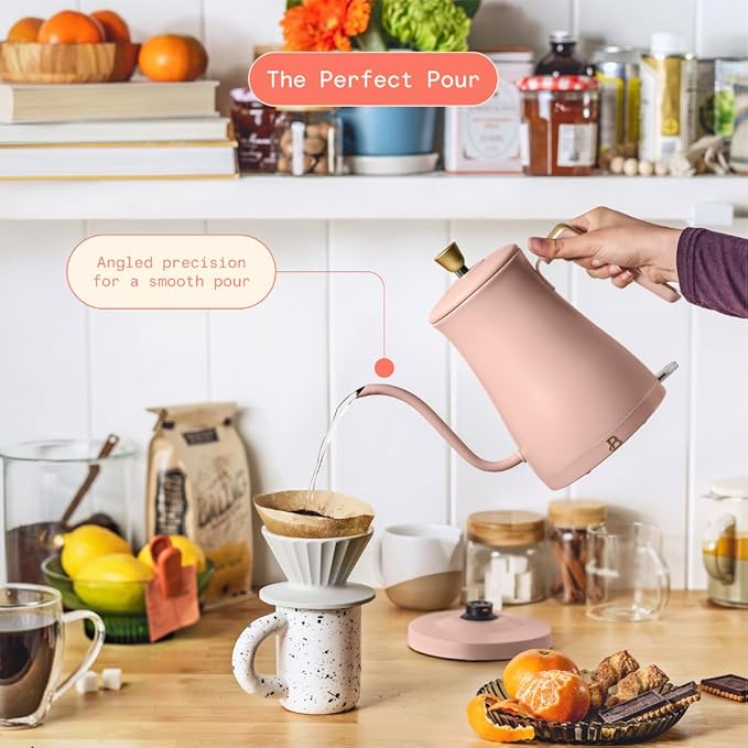 Beautiful 1L Electric Gooseneck Kettle, Precision Pour Spout, 1200W Fast Boil, Auto Shut-Off, Cordless, Stainless Steel, Tea & Coffee Maker with Ergonomic Handle, Matte Finish (Rose)