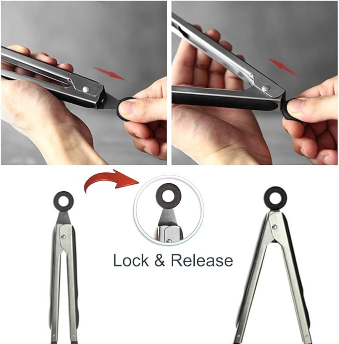 3-Piece Stainless Steel & Silicone Cooking Tongs Set - Black (7", "9", "12 inches) - Heat Resistant, Non-Stick, Locking Handle, Dishwasher Safe