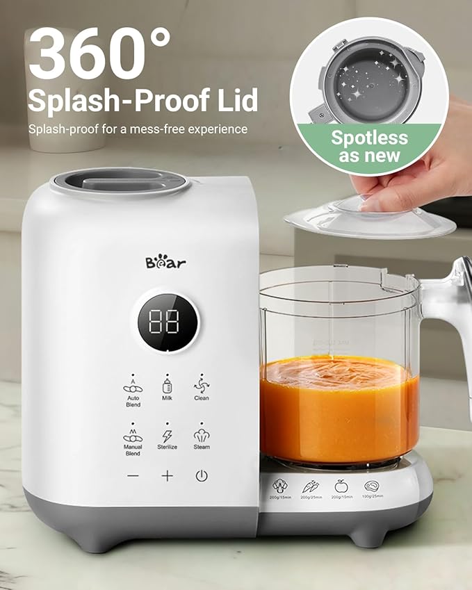 Bear Baby Food Maker with Two Layer Steam Baskets, One Step Baby Food Processor Steamer Puree Blender, Baby Food Mill with Bottle Warming Sterili-zing Auto Cleaning Function, BPA-Free, White