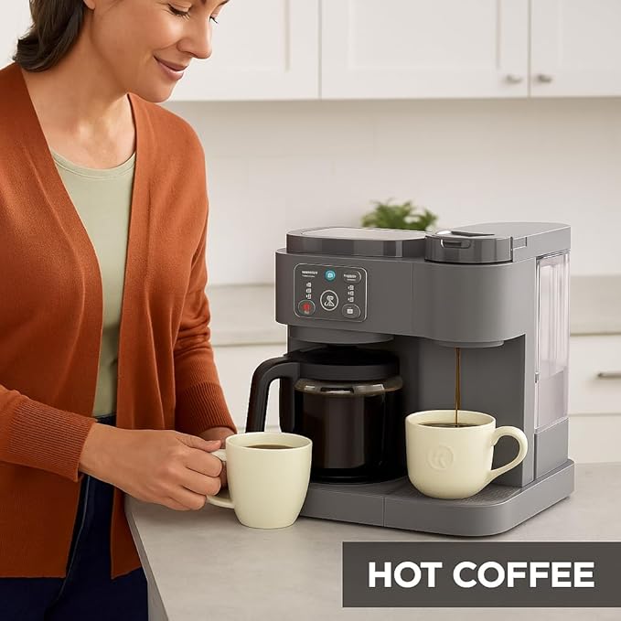 2-in-1 Hot & Iced Coffee Maker for Pods & Grounds – 12-Cup Glass Carafe & Single-Serve Brewer, 72oz Reservoir, Strong Brew, Extra Hot, Brew Over Ice, MultiStream Tech, Compact Design (Gray)