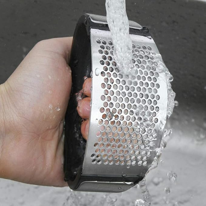 Garlic Press Rocker Stainless Steel Ginger Crusher Squeezer Kitchen Gadget with Ergonomic handle, Silicone Tube Garlic Peeler and Cleaning Brush Tool Set