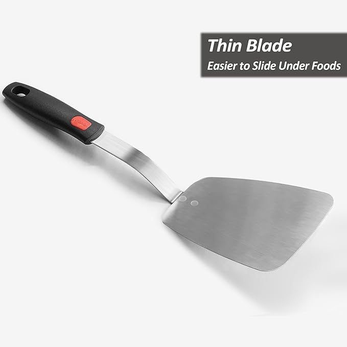 Stainless Steel Flexible Spatula Turner, VOVOLY Thin Metal Spatula for Cast Iron Skillet, Thin Blade and Heat Resistant Silicone Handle, Great for Egg, Cookie, Meat, Crep, Large
