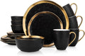 Stone Lain Florian Modern Porcelain 16 Piece Dinnerware Set, Plates and Bowls Set, Dish set for 4, Black And Golden Rim