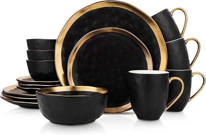 Stone Lain Florian Modern Porcelain 16 Piece Dinnerware Set, Plates and Bowls Set, Dish set for 4, Black And Golden Rim