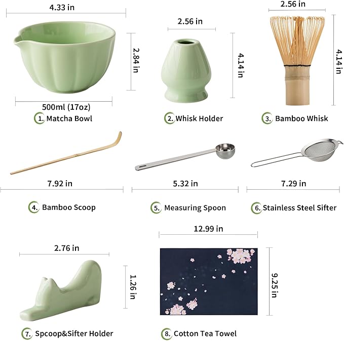 Matcha Whisk Set of 8 - HTRCXB Ceramic Matcha Set, Include Matcha Bowl, Matcha Whisk and Holder, Bamboo Scoop, Measuring Spoon, Scoop Rest, Sifter and Tea Towel - Matcha Kit Gift for Matcha Lovers
