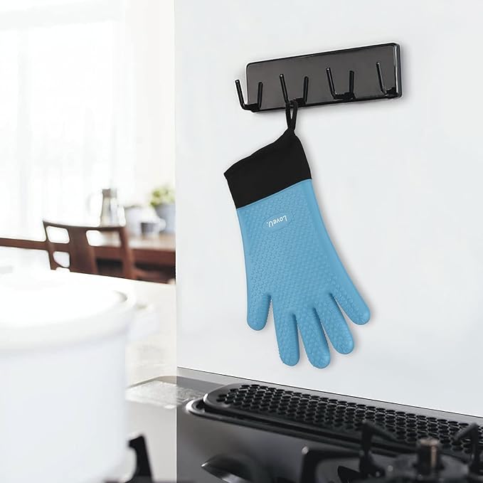 Kitchen Oven Gloves - Dual-Layer Heat Resistant Grilling Gloves, Silicone Oven Mitts with 5 Fingers, Waterproof Non-Slip Pot Holder for Barbecue, Cooking, Baking (Small, Blue Long)