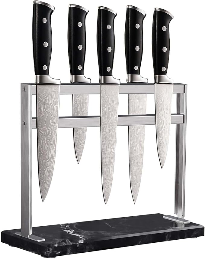 Magnetic Knife Block Stand - Marble Base Magnetic Knife Holder for Counter Top - Double Sided Knife Block without Knives - Stainless Steel Magnetic Kitchen knife holder - Black