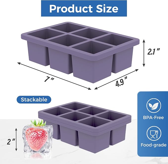 mossime Silicone Ice Cube Tray: 2pack Square Whiskey Large Ice Cube Molds - Old Fashioned Ice Cube Trays with Lid - 2inch Easy Release Big Freezer Mold for Cocktail Baby Food Soup & Juice