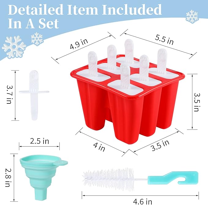 Popsicle Molds,Silicone Ice Pop Molds,BPA Free Popsicle Mold Reusable Easy Release Ice Pop Maker,Homemade Popsicle Mould with Silicone Funnel and Cleaning Brush (Red, 6 Cavities)
