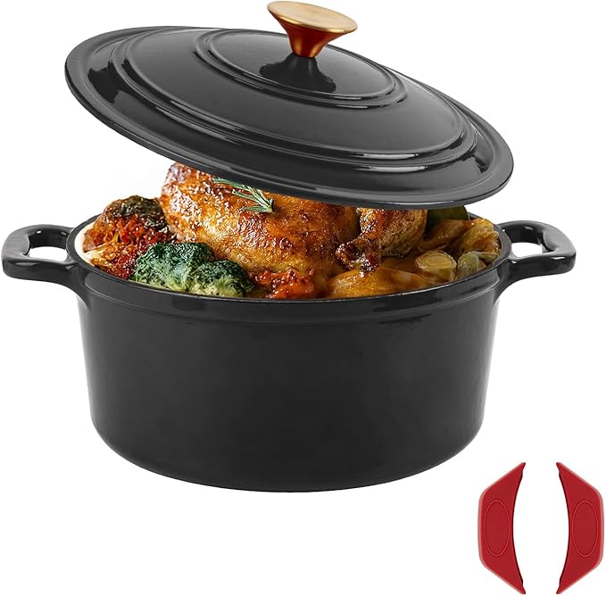 Enamel Cast Iron Dutch Oven with Lid, Round Casserole Pot for Bread Baking, Braising, Roasting, and Stews, Heavy-Duty, Oven Safe, Induction Compatible (4.7QT,Grey)