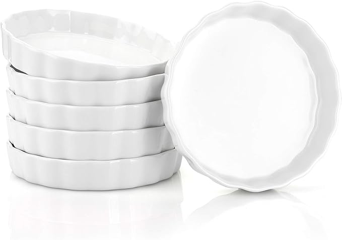 Foraineam 6 Pack 8 Ounce Porcelain Creme Brulee Ramekins Mini Fluted Quiche Dishes, 6 Inch Tart Pan Round Pie Plates for Baking, Dishwasher and Oven Safe