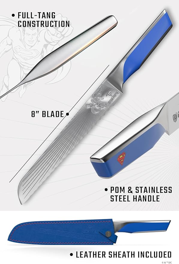 Dalstrong Serrated 8 inch Bread Knife - DC Superman™ Edition - Premium German Stainless Steel - POM Handle Full Tang - Etched Artwork Logo - Boyfriend Valentine's Gift Bread Slicer - Leather Sheath