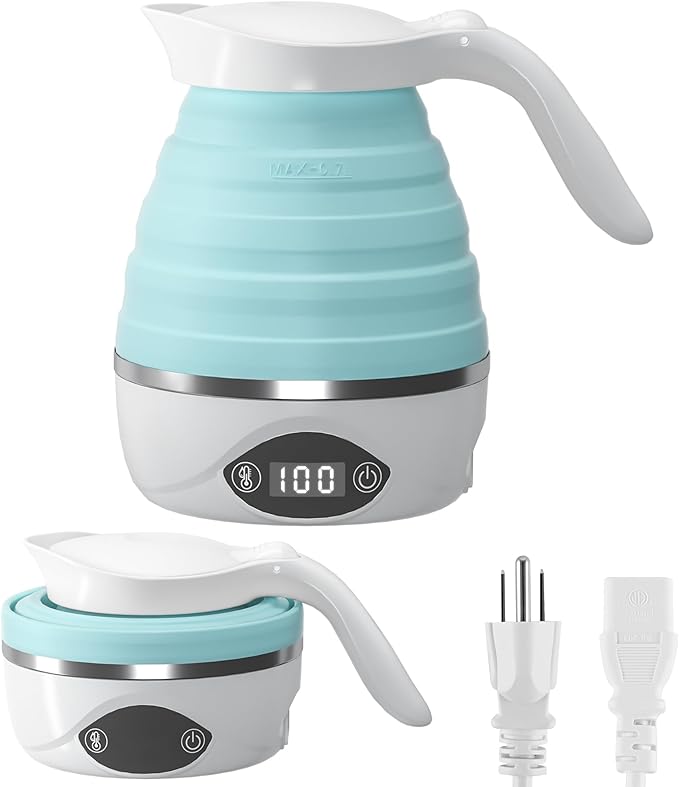 Collapsible Travel Kettle Electric Portable Foldable Kettle for Boiling Water, Suitable for 110V & 220V Dual Voltage, for Tea & Coffee, 850W Small Mini BPA-free Silicone Blue electric kettle