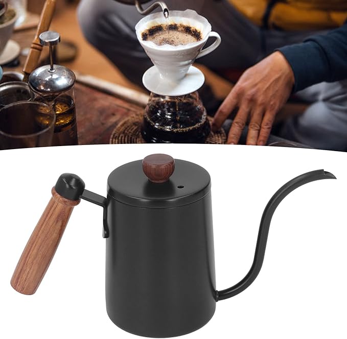 600ml 20oz Pour Over Coffee Kettle Pour Over Kettle Gooseneck Spout Coffee Tea Pot with Wood Handle Pour Over Coffee Kettle Temperature Cooling Hole (Black)