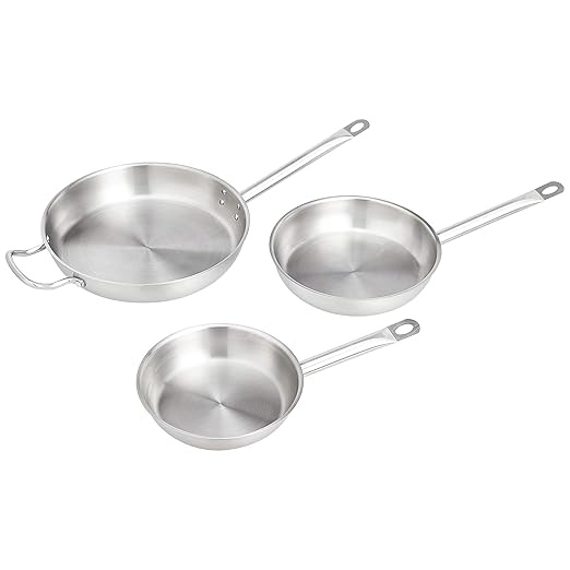 Amazon Basics 3-Piece Stainless Steel Aluminum-Clad Fry Pan Set with 8", 9 1/2", and 12"