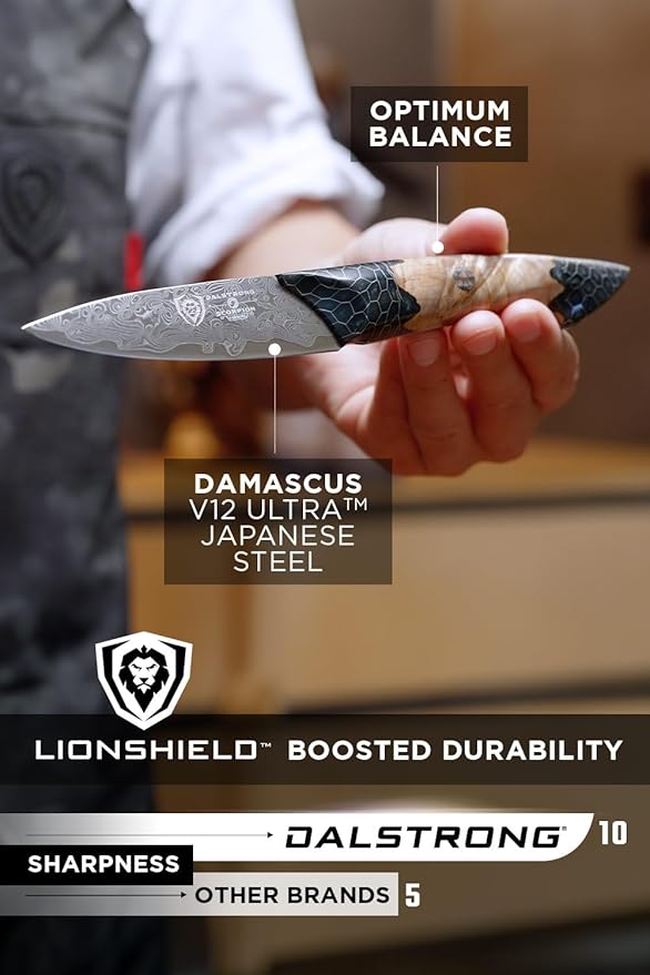 Dalstrong Paring Knife With Cover- 4”-Scorpion Series - Venom Edition - Japanese Steel Chef Knife - Spiral Sandstorm Blade Pattern - Black Honeycomb Resin Handle - w/Leather Sheath