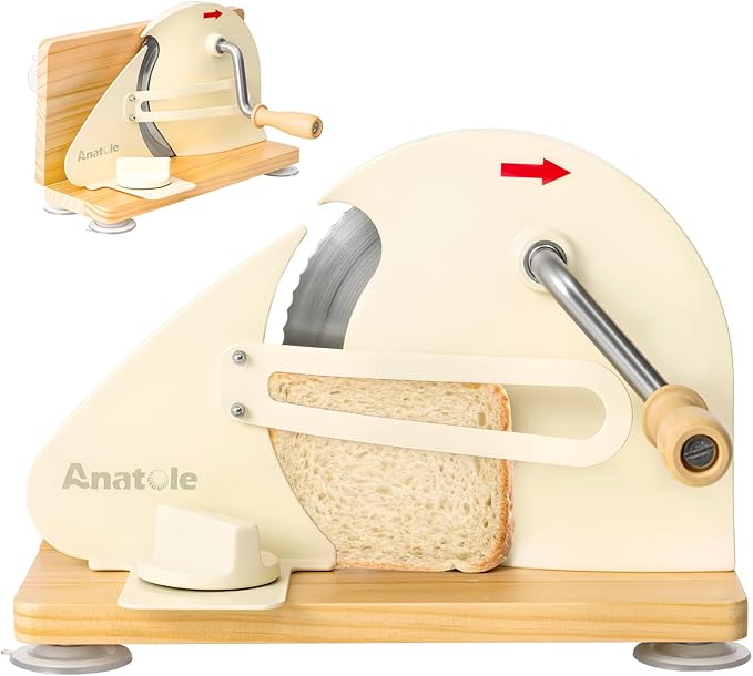 Anatole Foldable Manual Bread Slicer for Homemade Sourdough Bread with Engraved Scale Line Bread Guide Hand Crank Bread Cutter with Adjustable Thickness Stainless Steel Blade 6 Suction Cups