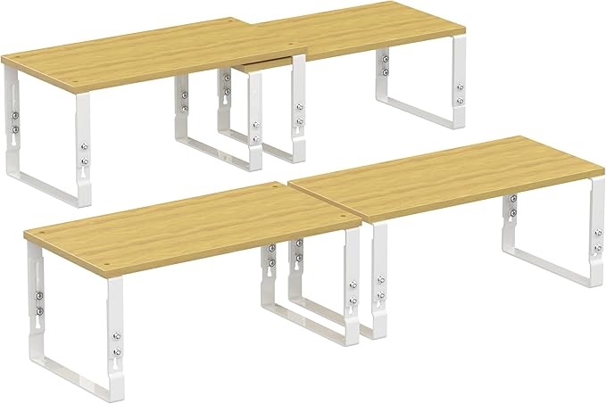 Kitchen Cabinet Organization Shelf，Set of 2 Height Adjustable Storage Racks，Stackable，Expandable，Countertop Shelves Organizer，Pantry Shelving(2PACKS/Large/White)