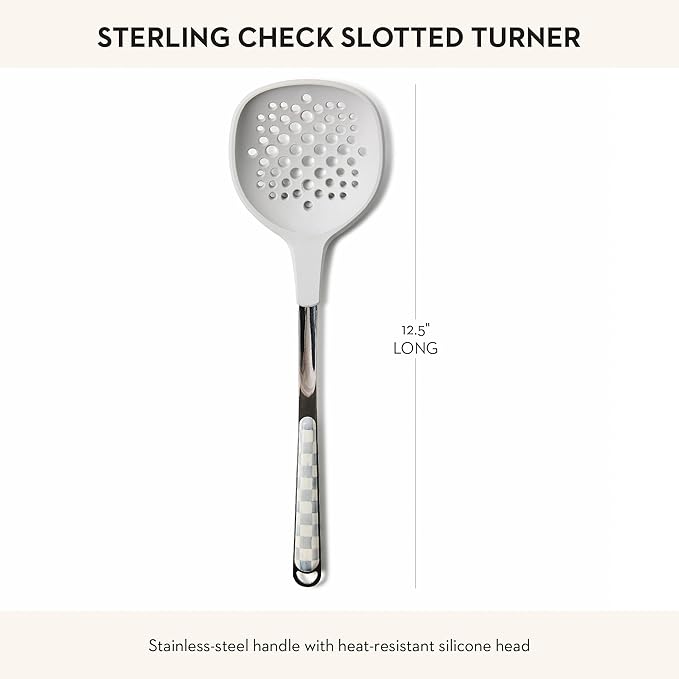 MACKENZIE-CHILDS Slotted Spoon, Silicone Turner for Cooking, Gray-and-White Sterling Check