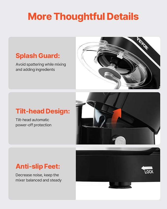 VEVOR Stand Mixer, 5.3QT + 4.4QT Two Stainless Steel Bowls, 10+P Speeds Tilt-head Food Mixer, Kitchen Mixer with Dough Hook, Wire Whip, Beater, Scraper, Household Stand Mixer for Baking Mixing, Black