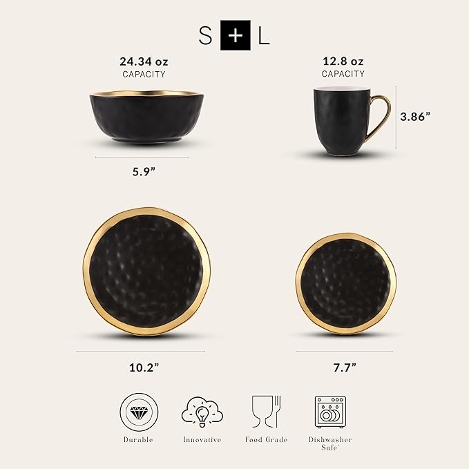 Stone Lain Florian Modern Porcelain 16 Piece Dinnerware Set, Plates and Bowls Set, Dish set for 4, Black And Golden Rim