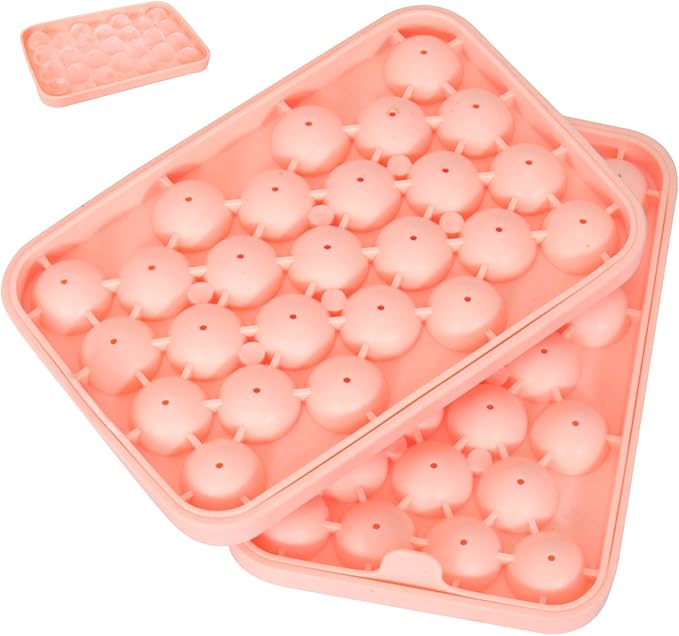 2 PCS Round Ice Cube Mold with Lid for Freezer Stackable Round 25-Ball Silicone Ice Ball Mold Easy to Release, Small Ice BPA-Free Trays for Freezer for Whiskey, Cocktail, Chilling (Pink)