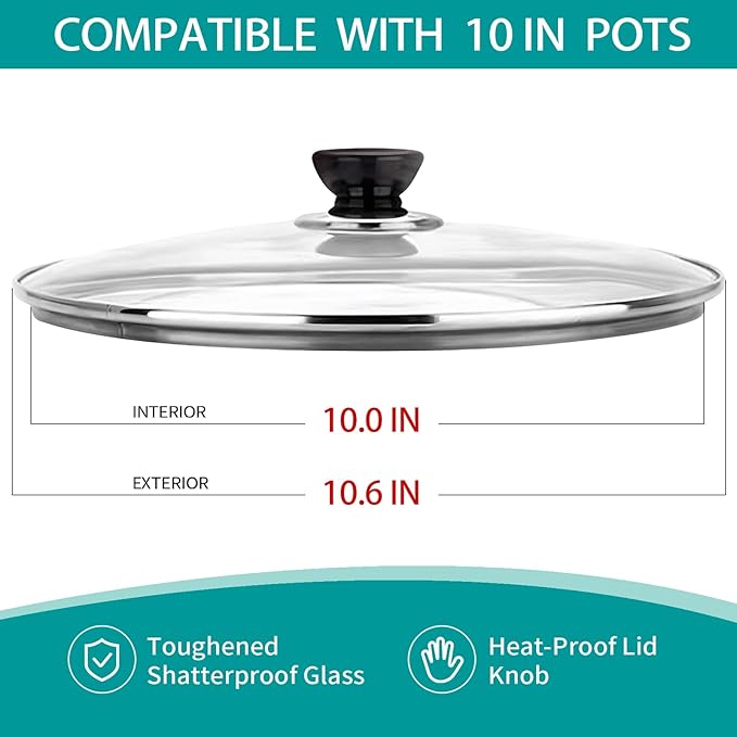 10 Inch Pan Lid, Universal Replacement Pot Lid for Frying Pans, Cast Iron Skillets, Tempered Glass Pan Cover with Steam Vent