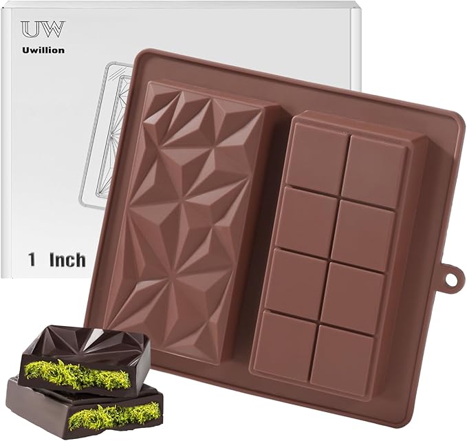 Deep Chocolate Bar Mold Silicone 1 Inch Dubai Pistachio Chocolate Bar Thick Mold for Stuffed Bar, Large Candy Mould for Filling, Brown