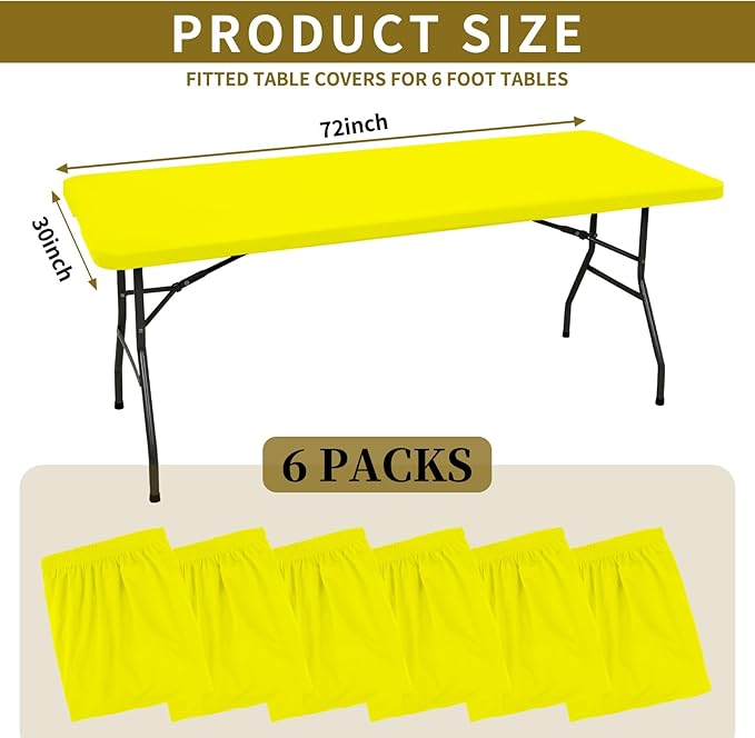 6 Pack Fitted Tablecloth for 6 Foot Rectangle Tables, Yellow Elastic Outdoor Picnic Table Cover, Washable Stretch Folding Table Cloths 6 ft for Camping Party Patio Kitchen Banquet, 30" W x 72" L