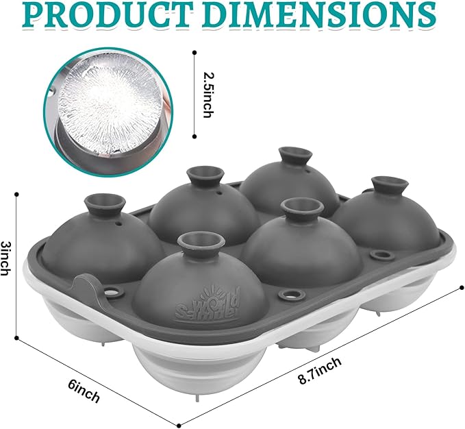 Samuelworld Large Ice Ball Maker with Lid, 12 x 2.5 Inch Ice Balls - Food Grade, Easy To Fill Round Silicone Ice Tray, Perfect Spheres Craft Ice Maker for Whiskey, Cocktails, Gifting - Grey