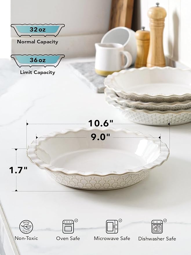 LE TAUCI Ceramic Pie Pans for Baking, 9 Inch Pie Plate for Apple Pie, Round Baking Dish, 36 oz Deep Dish Pie Pan - Set of 1, Fireworks, Arctic White