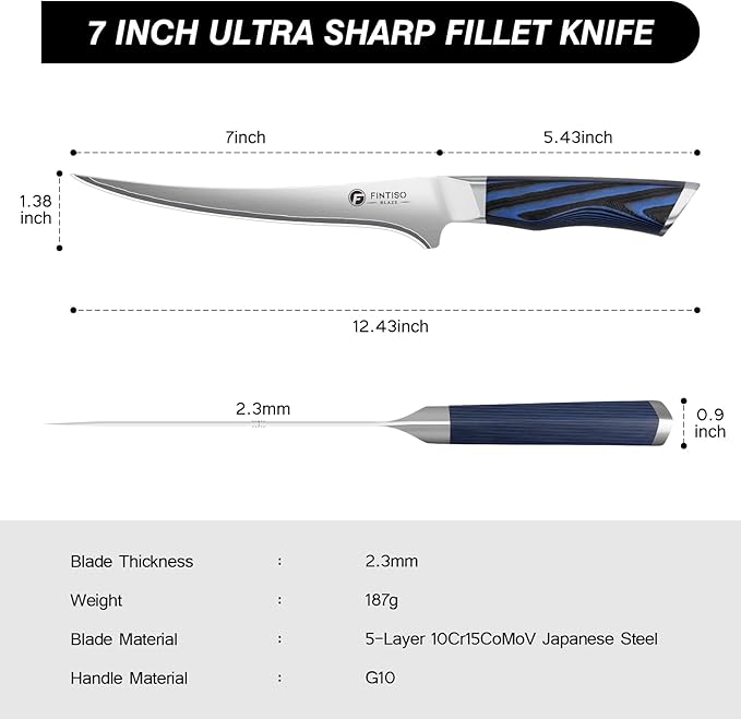 FINTISO 7 Inch Fillet Knife, Professional Meat Boning Knives for in 5-Layer 10Cr15CoMoV Japanese Stainless Steel, Ultra Sharp Fish Knife with Ergonomic G10 Handle for Slicing and Skinning