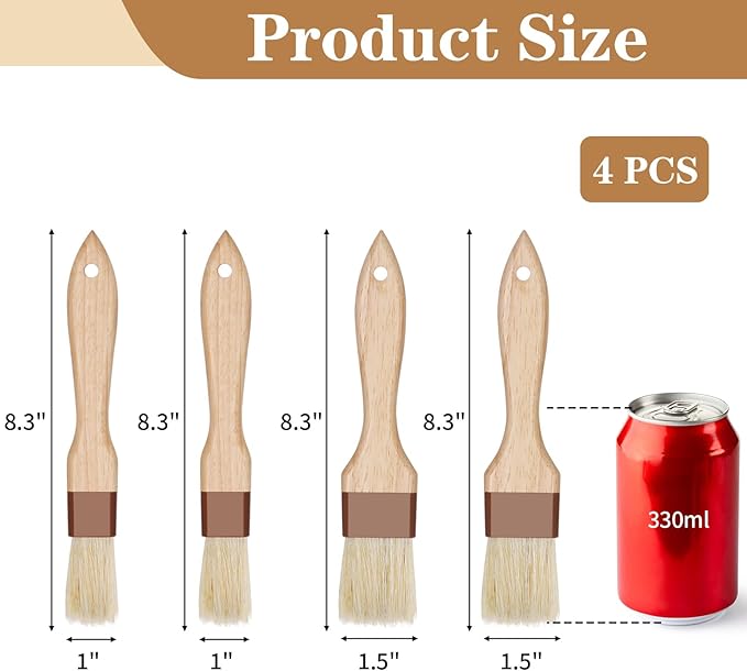 4 Pcs Natural Bristle Pastry Brush, Beech Wooden Handle Basting and BBQ Brushes for Cooking, Butter, Oil, Marinade, Grilling & Baking, Kitchen Food Brush (1 inch & 1.5 inch)
