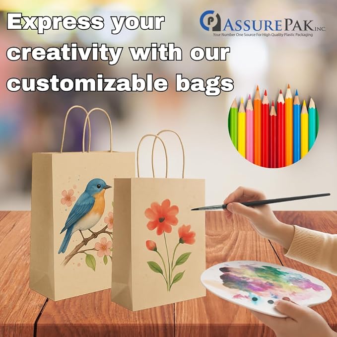 DIY Paper Bags - 250 units - Kraft Color - 12"x7"x17"- 74LB (110 GSM strong) Flat Handle Recyclable Bags for Kids Drawing, Decorating and Creative Projects - 12717NKPAPFLATH - AssurePak