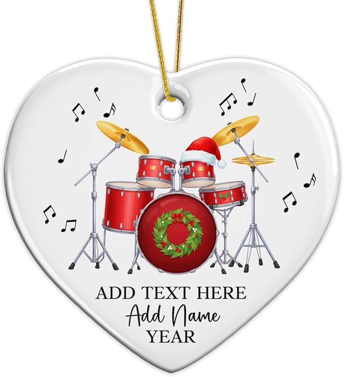 Personalized Drum Set Christmas Ceramic Ornaments 2025, Drummer Christmas Ornament for Men Women, Drum Xmas Tree Ornament with Custom Text Name & Year, Xmas Decor Gift for Drummer Band Music