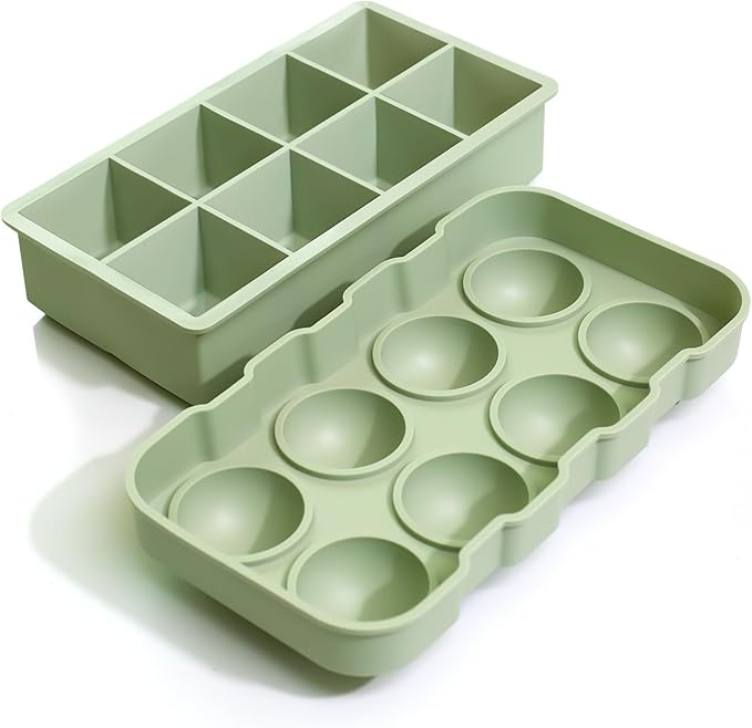 Large Ice Cube Trays Perfect for Whiskey and Summer Drinks - Space Black, Italian Design - 2 Pack (16 x Ice Cubes | Square and Round | XL) - Cosvino - Removable Lid, Easy Release (Olive Green)