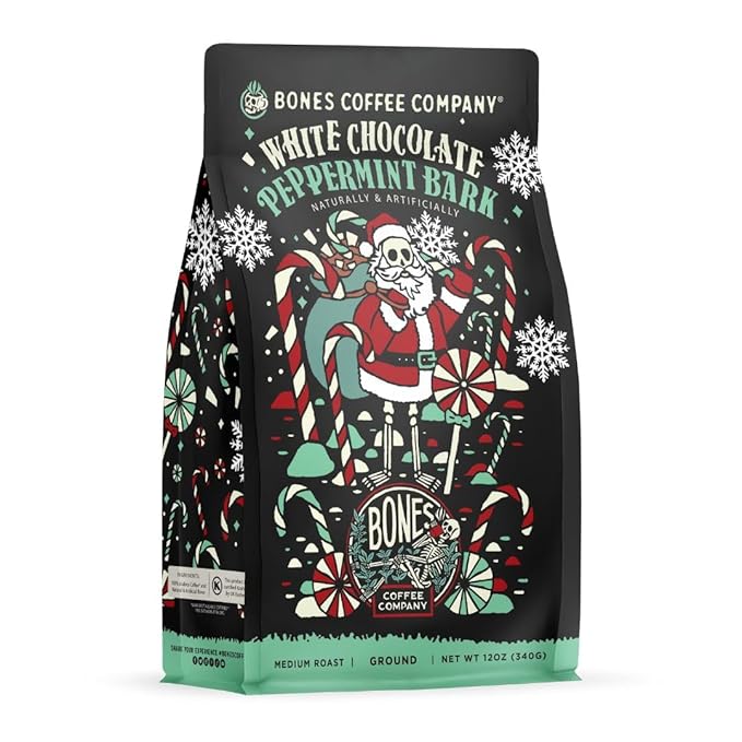 Bones Coffee Company White Chocolate Peppermint Bark Flavored Coffee, Medium Roast Low Acid Arabica Beans Compatible with Auto drip and French Press Coffee Maker, 12 Oz Ground