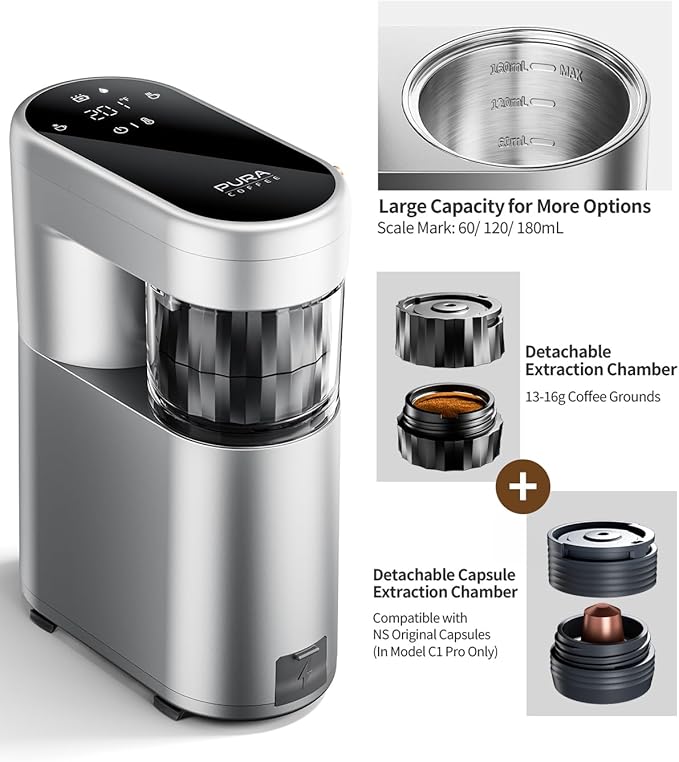 C1 Portable Electric Coffee Machine, 20 Bar Travel Espresso Maker with Ground Coffee, Rechargeable, Instant Heating, 6.1oz Water Tank, for Car, RV, Camping, Hiking, Office, Home