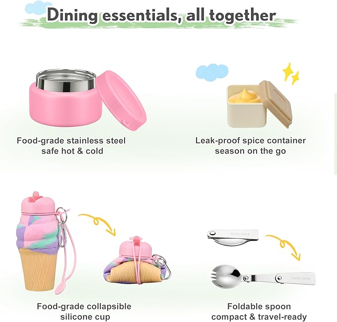 Lunch Box Kids with 5 Compartments, Insulated Food Jar & Utensil & Sauce Container & Lunch Bag & Silicone Collapsible Cup, Leak Proof Bento Box, BPA-Free & Dishwasher Safe-Pink