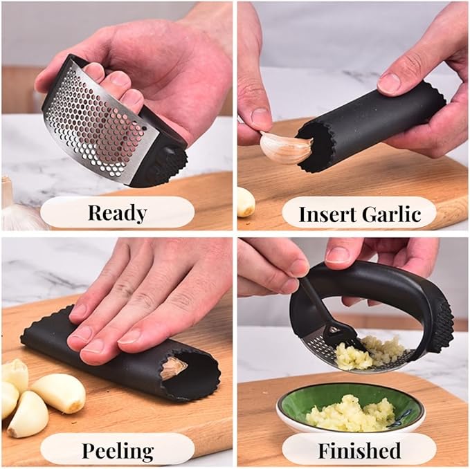 Stainless Steel Garlic Press Rocker Set - Heavy Duty Garlic Mincer, Crusher & Chopper with Silicone Peeler, Cleaning Brush - Effortless Smasher and Grinder Tool for Easy Kitchen Prep (Black)