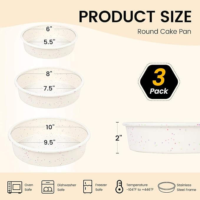 Vinino 3 Pack Round Cake Pan Set (6''/8''/10'') with Metal Reinforced Frame, Circle Cake Pan for Baking Nonstick Silicone Springform Pan for Baking Suitable for Making Layers, Cheese & Chocolate Cakes