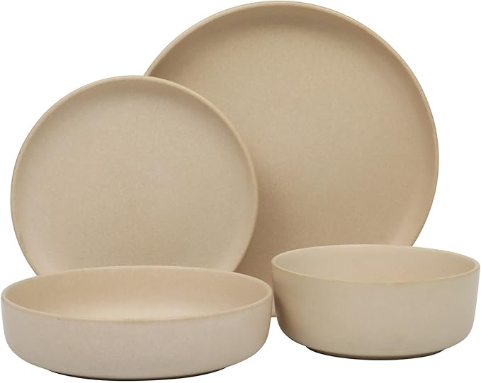 Gibson Elite Pasco 16 Piece (Service for 4) Plates and Bowls Double Bowl Reactive Glaze Dishes Stoneware Ceramic Dinnerware Set - Cream