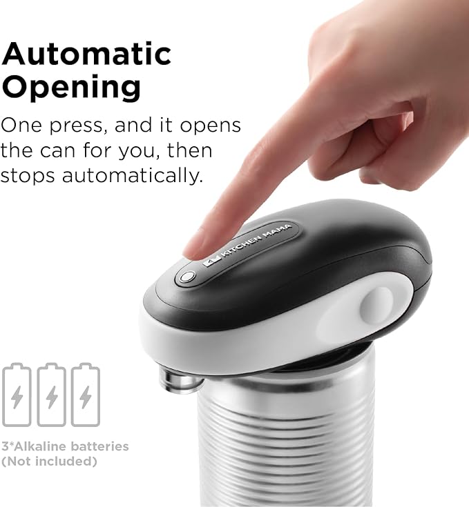Kitchen Mama One-To-Go Electric Can Opener: One Touch, Auto Stop, Smooth Edge, Lid Lift, Safety, Automatic, Magnetic, Cordless, Battery Operated, Kitchen Appliance for Senior with Arthritis (White)