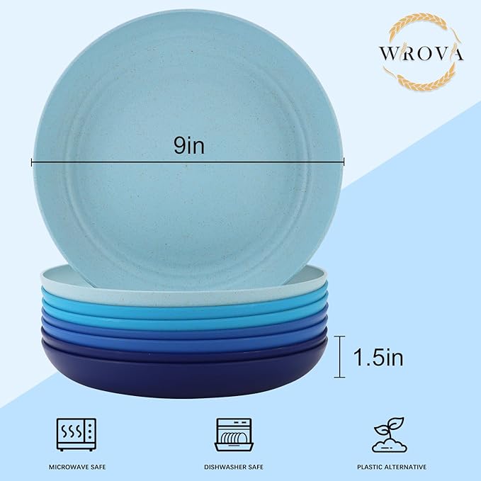 Wrova Wheat Straw Salad Plates - 9 Inch Unbreakable Dinner Set of 8 Dishwasher & Microwave Safe Plastic Reusable Lightweight for kitchen,camping (Ocean),Ocean Series:Gradient Blue
