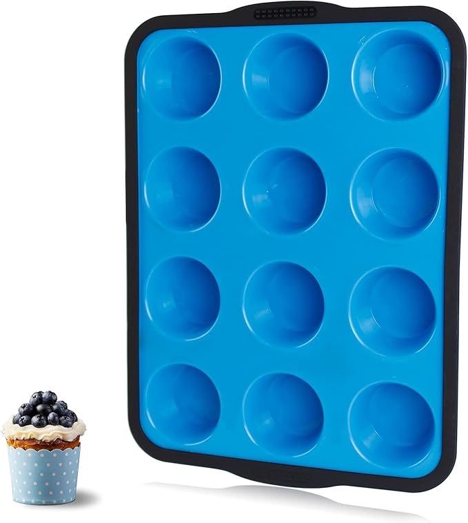 Aichoof Non-Stick Silicone Muffin Pan With Reinforced Stainless Steel Frame Inside,12 Cup Regular Muffin Baking Mold, 12 Cup Muffin Tin, BPA Free,Dishwasher Safe, Blue